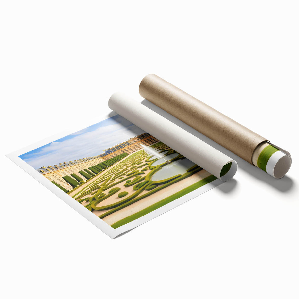Extra large rolled print of Versailles gardens in muted green and floral tones.