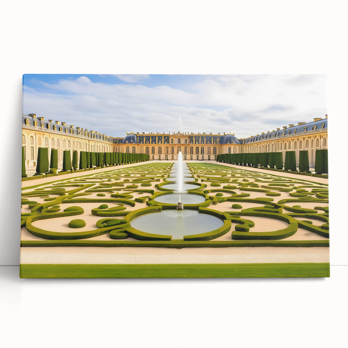 Black and white large art print of the Versailles Palace gardens on stretched canvas, ideal for kitchen wall art.