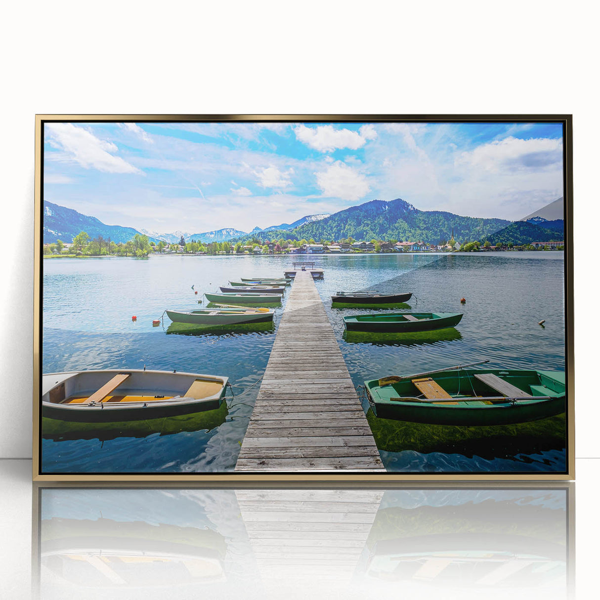 Art deco poster of Bavarian landscape in muted greens and blues on acrylic, framed in gold, ideal for nursery wall art.