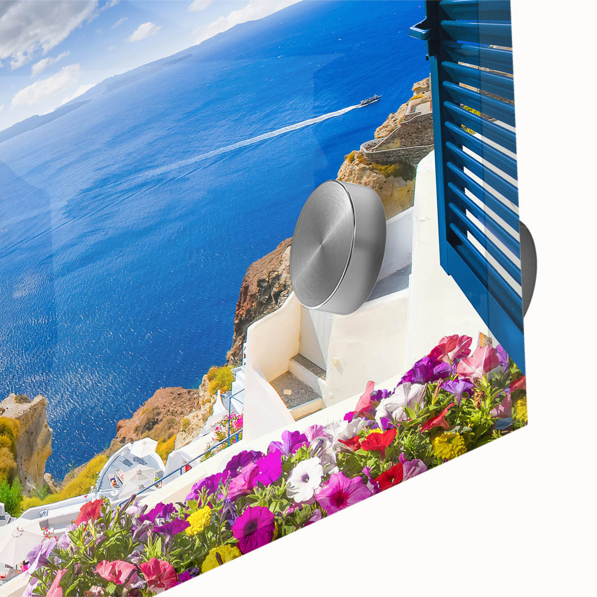 Large abstract depiction of Santorini with vivid blue and white tones on acrylic glass, suitable for dining room art.