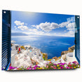 Acrylic print of Santorini with vivid blue and white tones, ideal for enhancing dining room decor.