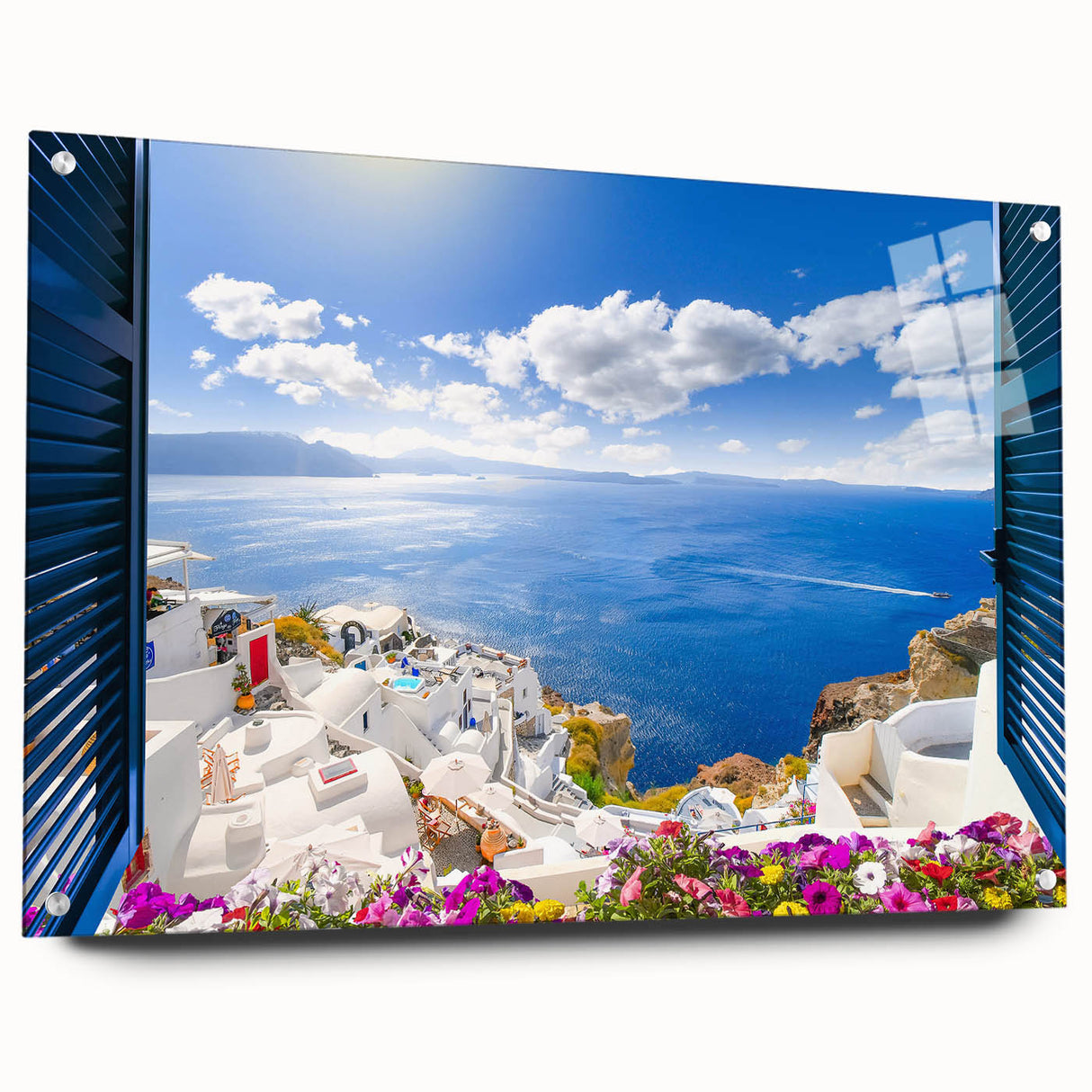 Acrylic print of Santorini with vivid blue and white tones, ideal for enhancing dining room decor.