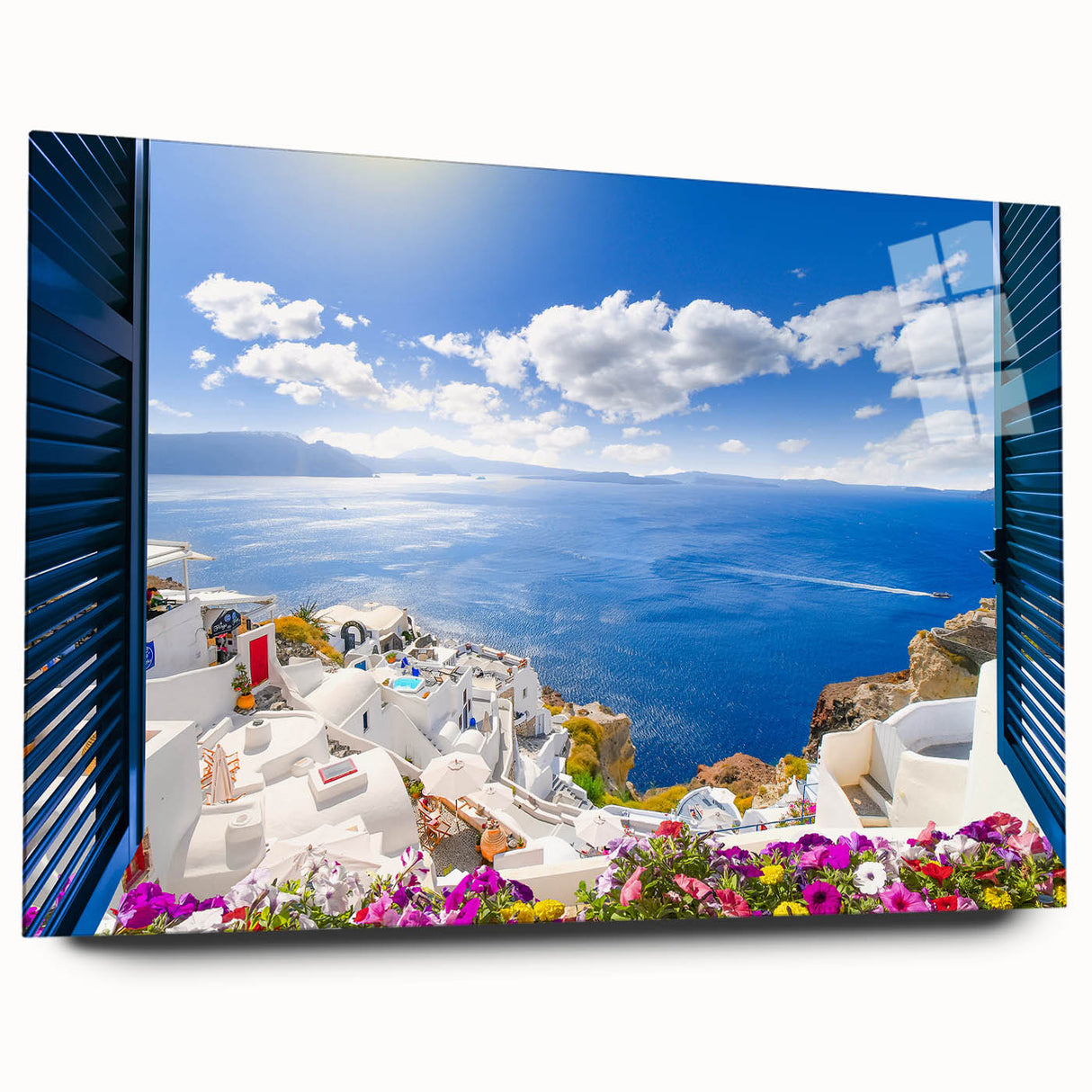 Acrylic print of Santorini landscape in pastel shades, ideal for bedroom or dining room decor.