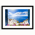 Extra large abstract art print of colorful Santorini scenery, textured finish on a black framed canvas.