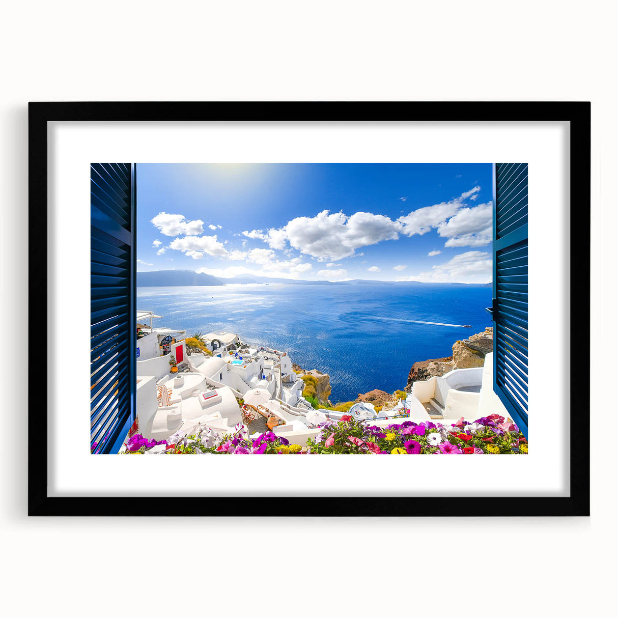 Extra large abstract art print of colorful Santorini scenery, textured finish on a black framed canvas.