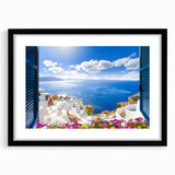Extra large abstract art print of colorful Santorini scenery, textured finish on a black framed canvas.