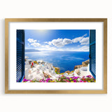 Abstract art print of Santorini with blue and white tones on a gold-framed canvas, suitable for dining room decor.