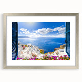 Extra large abstract art print of Santorini with textured blue and white tones, framed in silver.