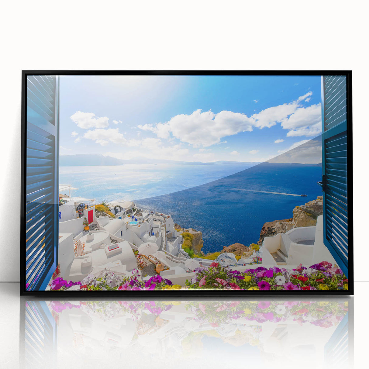 Large abstract wall art depicting Santorini landscape in muted blue and white tones, framed acrylic.