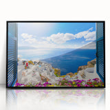 Large abstract wall art depicting Santorini landscape in muted blue and white tones, framed acrylic.