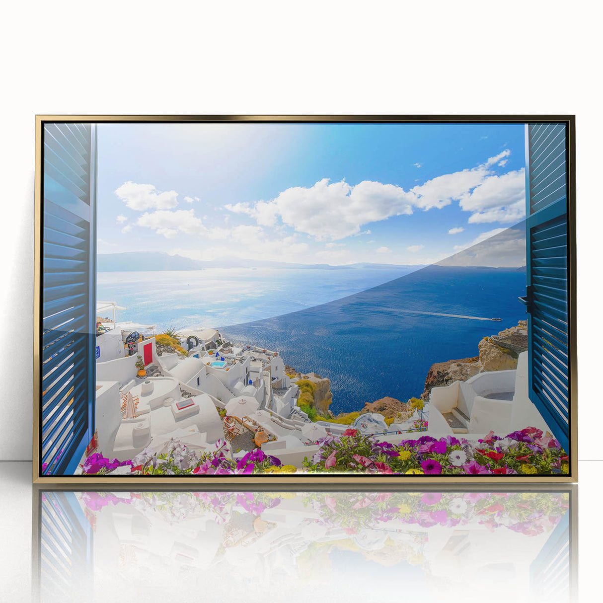 Acrylic print of Santorini landscape with white buildings and blue roofs, framed in gold, ideal for modern art wall decor.