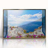 Acrylic print of Santorini landscape with white buildings and blue roofs, framed in gold, ideal for modern art wall decor.