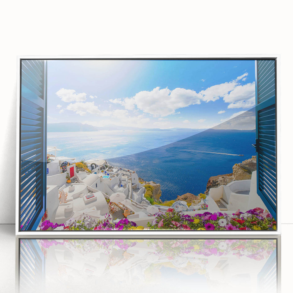 Mid-century modernist art depicting Santorini landscape in acrylic, framed in white, ideal for nursery wall art.