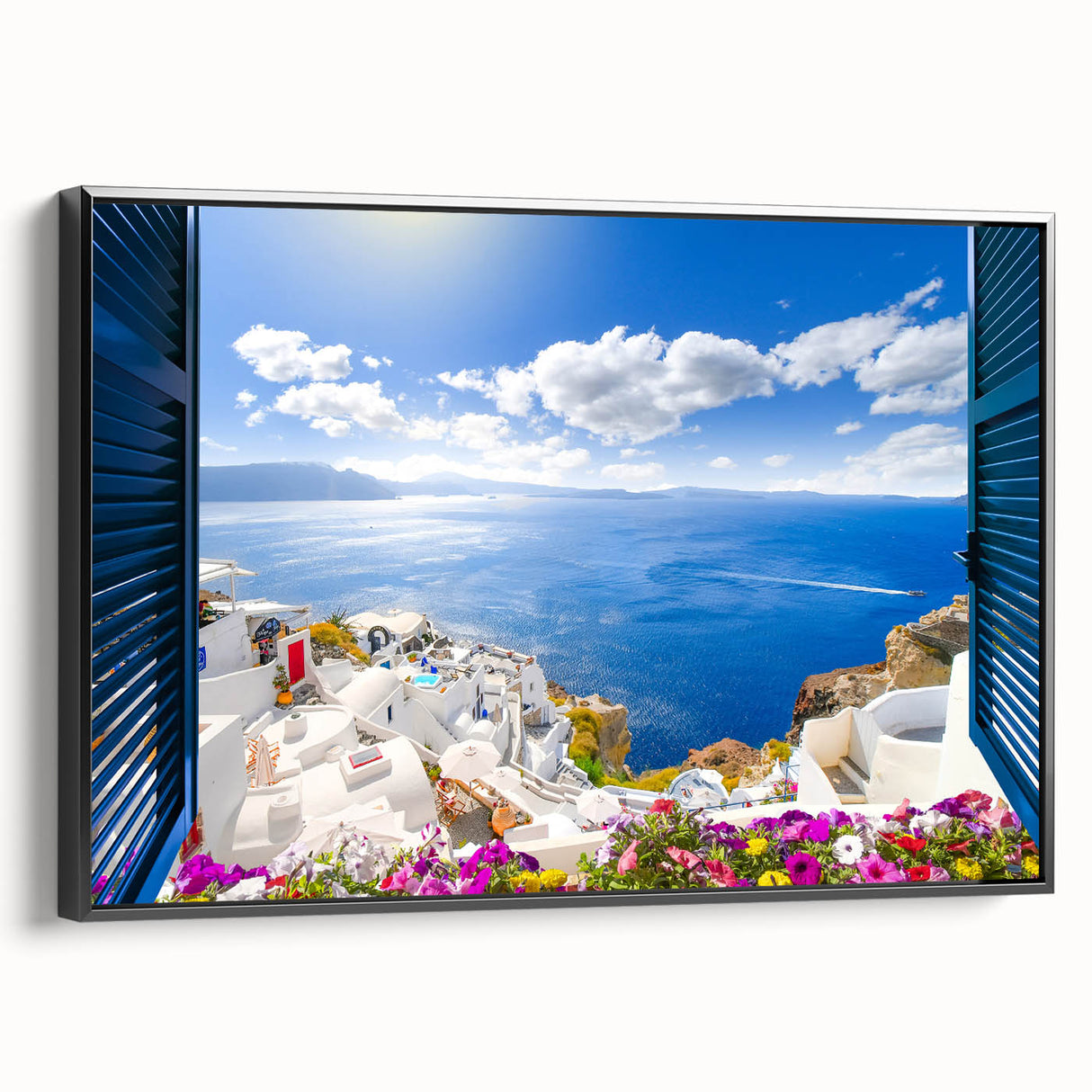 Black and white framed canvas of Santorini landscape, ideal for bedroom wall art in vintage poster style.