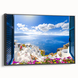 Black and white framed canvas of Santorini landscape, ideal for bedroom wall art in vintage poster style.