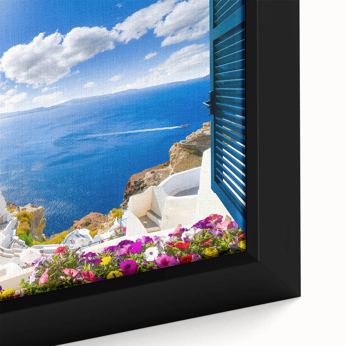 Framed canvas depicting Santorini with textured black outlines and vibrant colors, ideal for large living room walls.