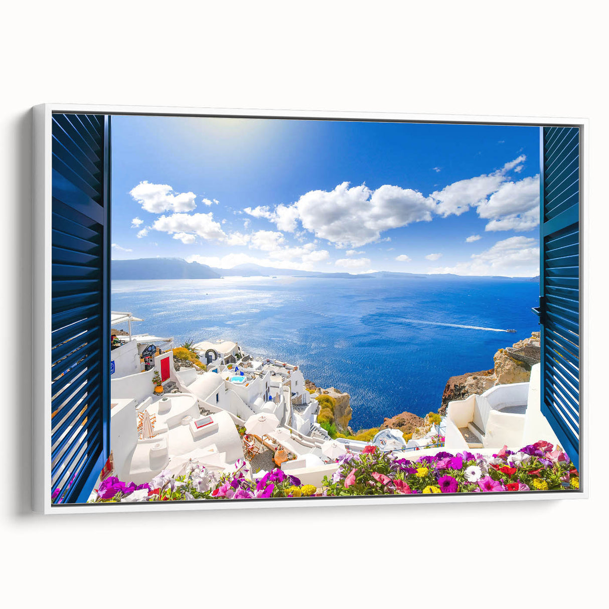 Vintage poster art of Santorini with colorful houses on framed canvas, ideal for living room decor.