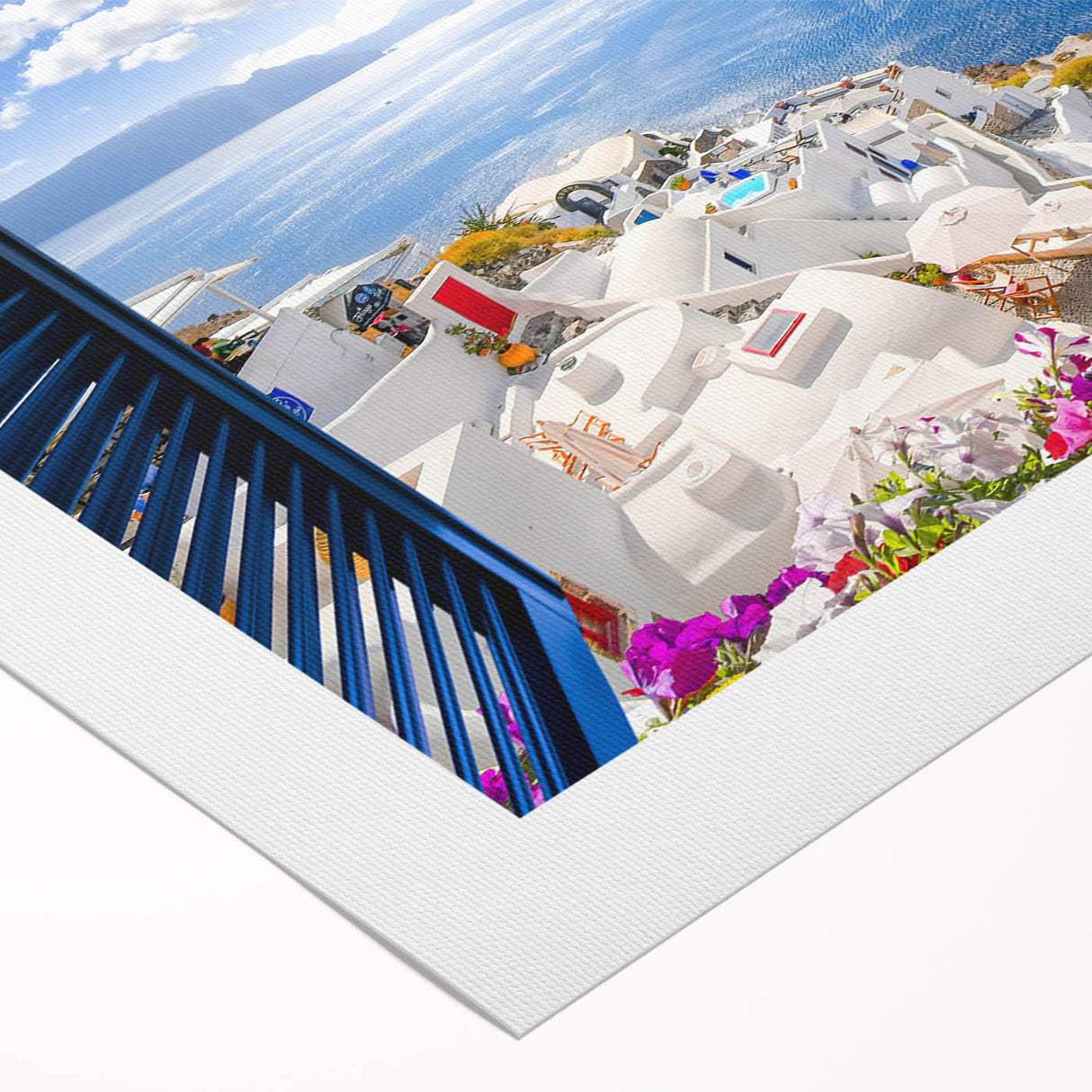 Art deco poster of Santorini with vibrant blue and white tones on rolled canvas, suitable for dining room wall art.