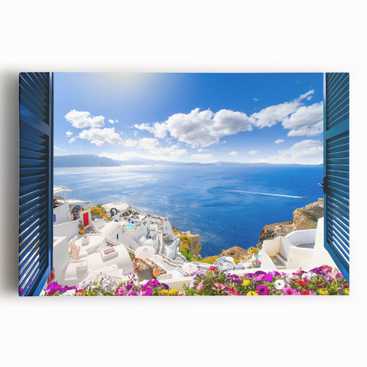 Black and white photograph of Santorini on stretched canvas, ideal for kitchen wall art or bedroom ambiance.