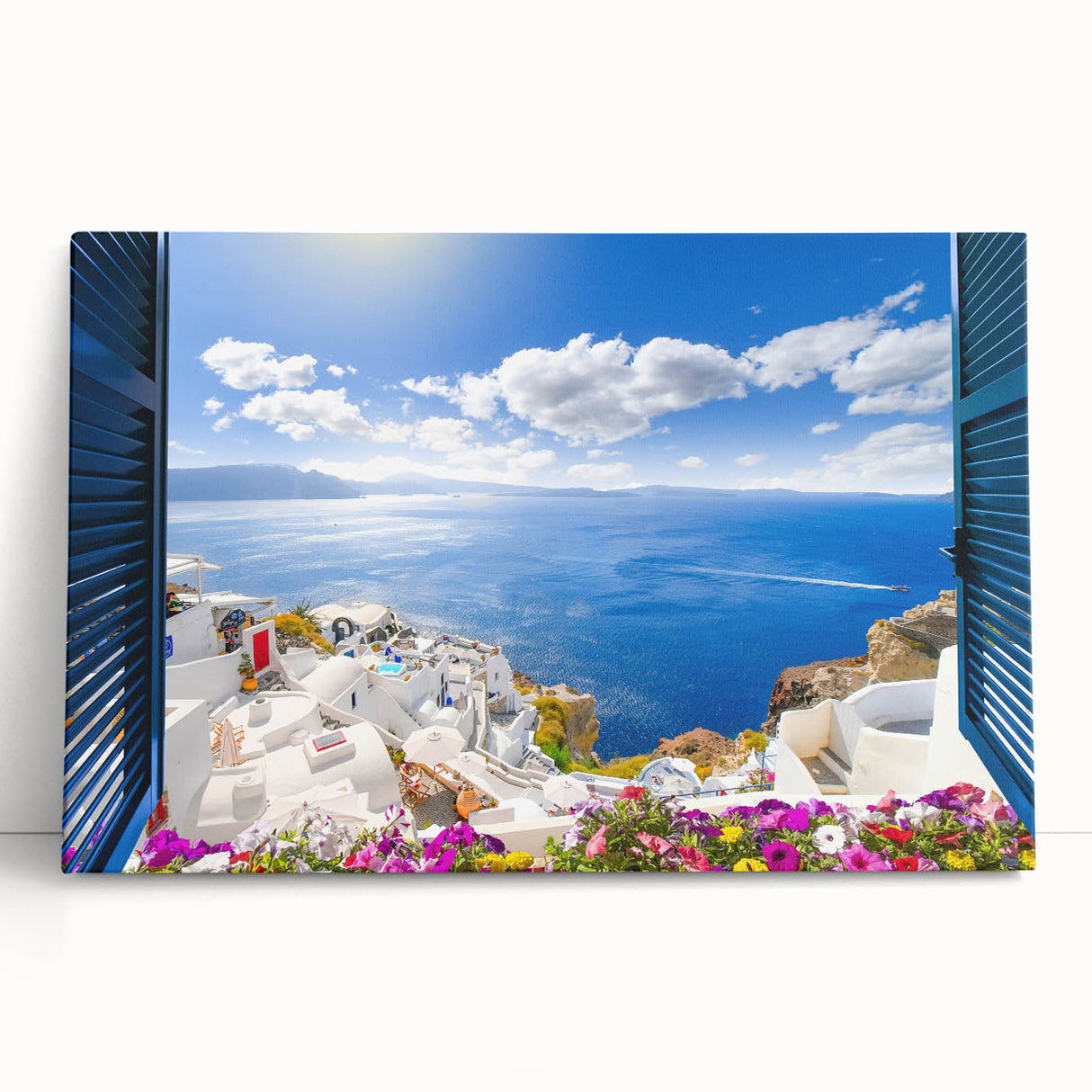 Black and white stretched canvas of Santorini landscape, ideal for kitchen art.