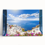 Black and white stretched canvas of Santorini landscape, ideal for kitchen art.