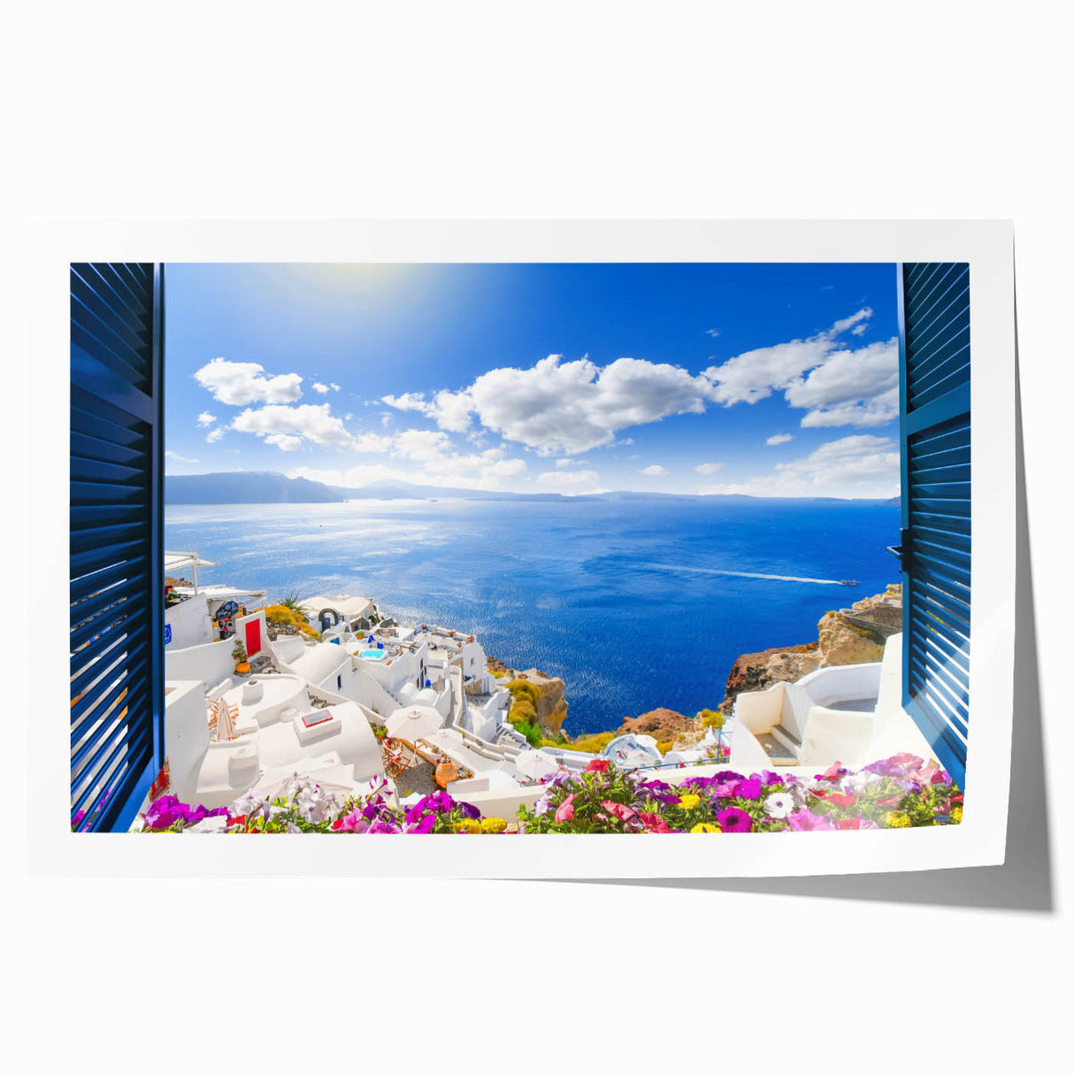 Rolled print of Santorini scenery with white buildings and blue domes, in pastel shades, ideal for dining room wall art.