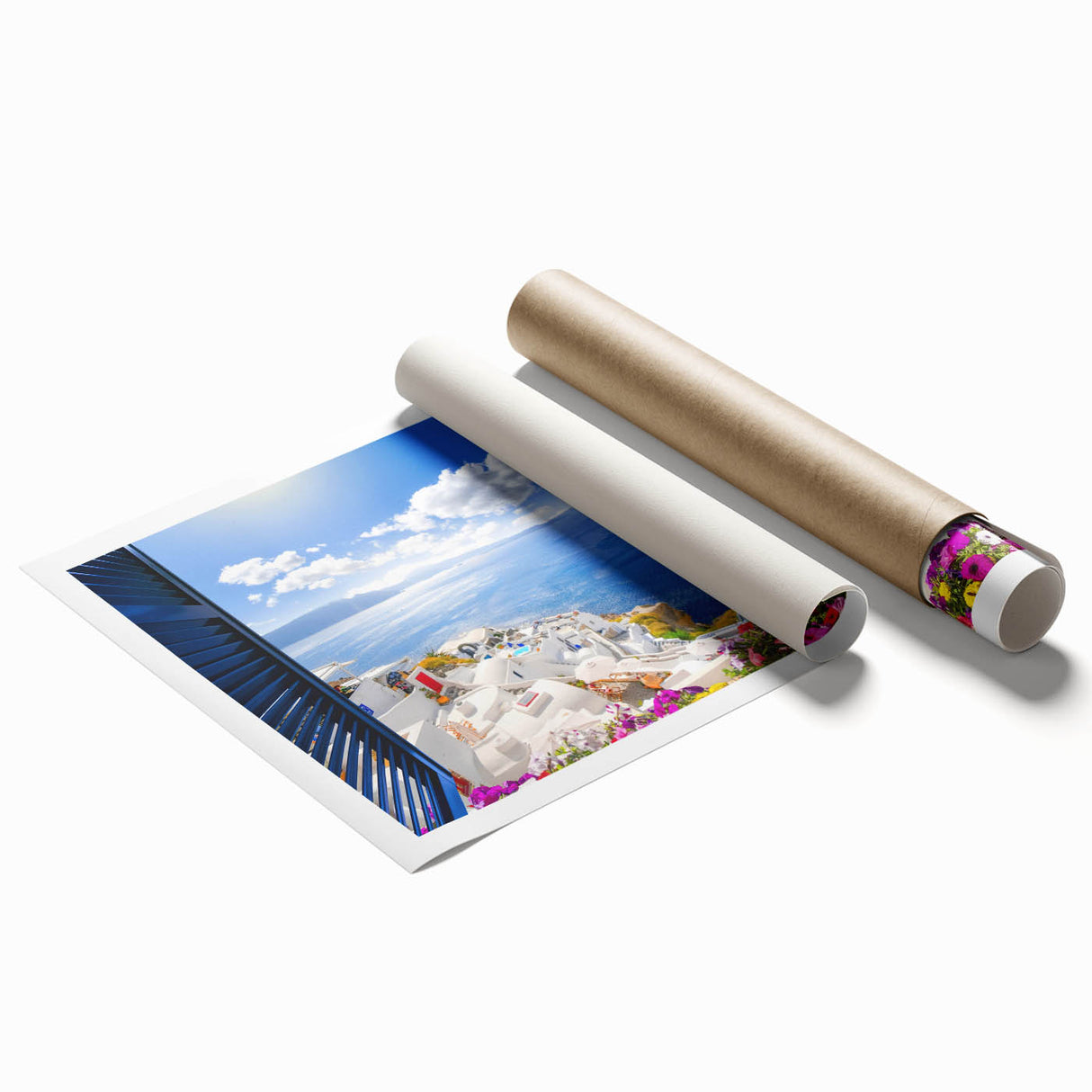 Extra large wall art of Santorini landscape in muted blues and whites on rolled canvas, ideal for classy bathroom decor.