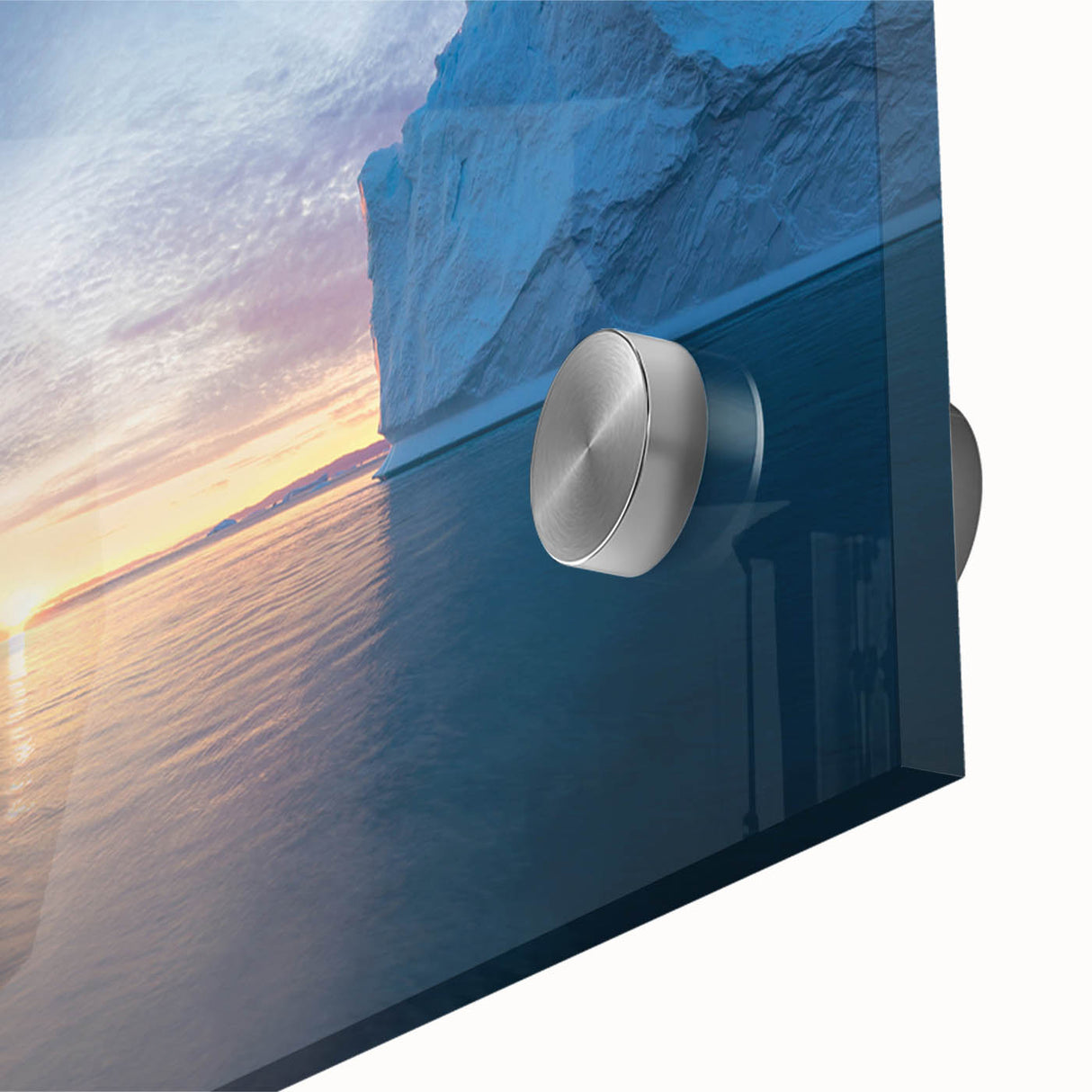 Large abstract wall art featuring a Greenlandic landscape in muted green and blue tones on acrylic glass.