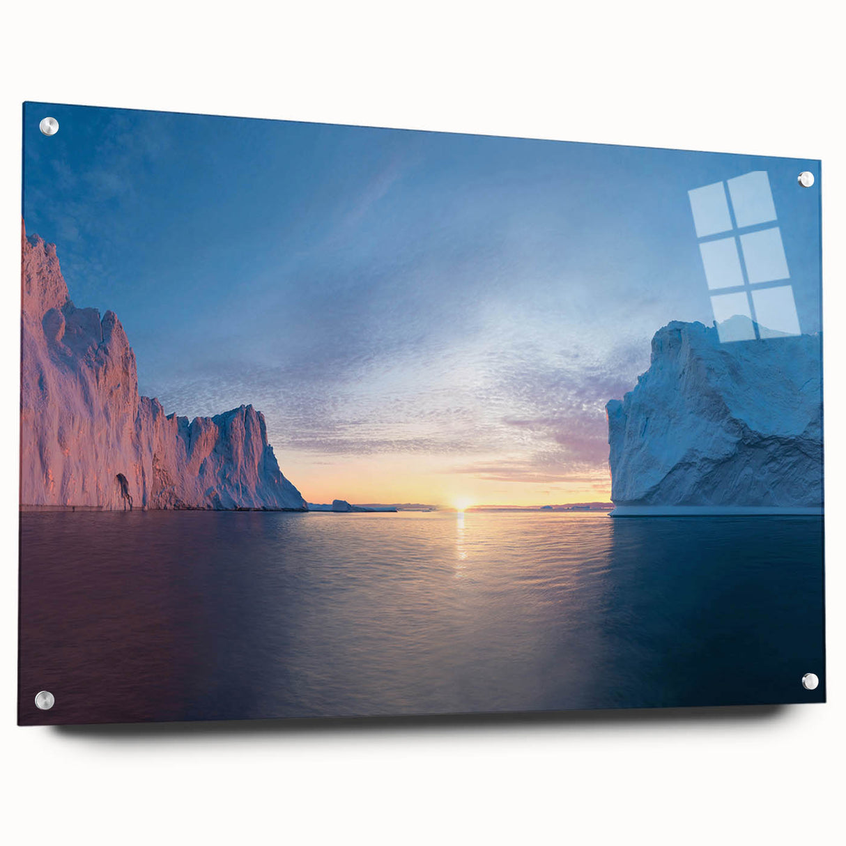 Acrylic print of a Greenland landscape, featuring muted green and blue tones, ideal for dining room decor.