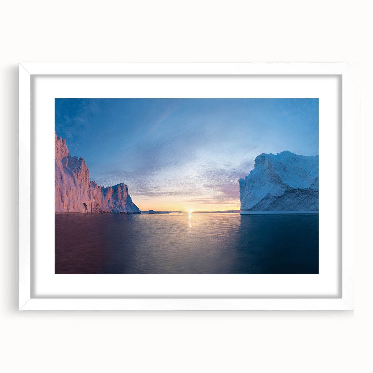 Textured abstract art print featuring a Greenland scenery in muted green and blue tones on a framed white mat.