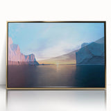 Acrylic print of a serene Greenland landscape in muted green and blue tones, framed in gold.