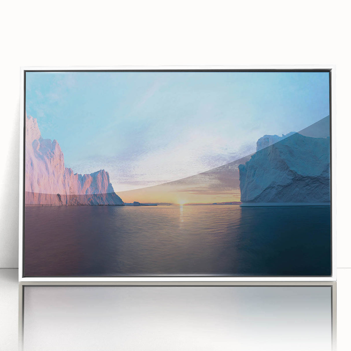 Acrylic print of a Greenland landscape with muted green and white tones, in a mid-century modernist style.