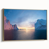 Framed canvas featuring a vintage-style landscape painting of Greenland's scenery, with muted green and black tones.