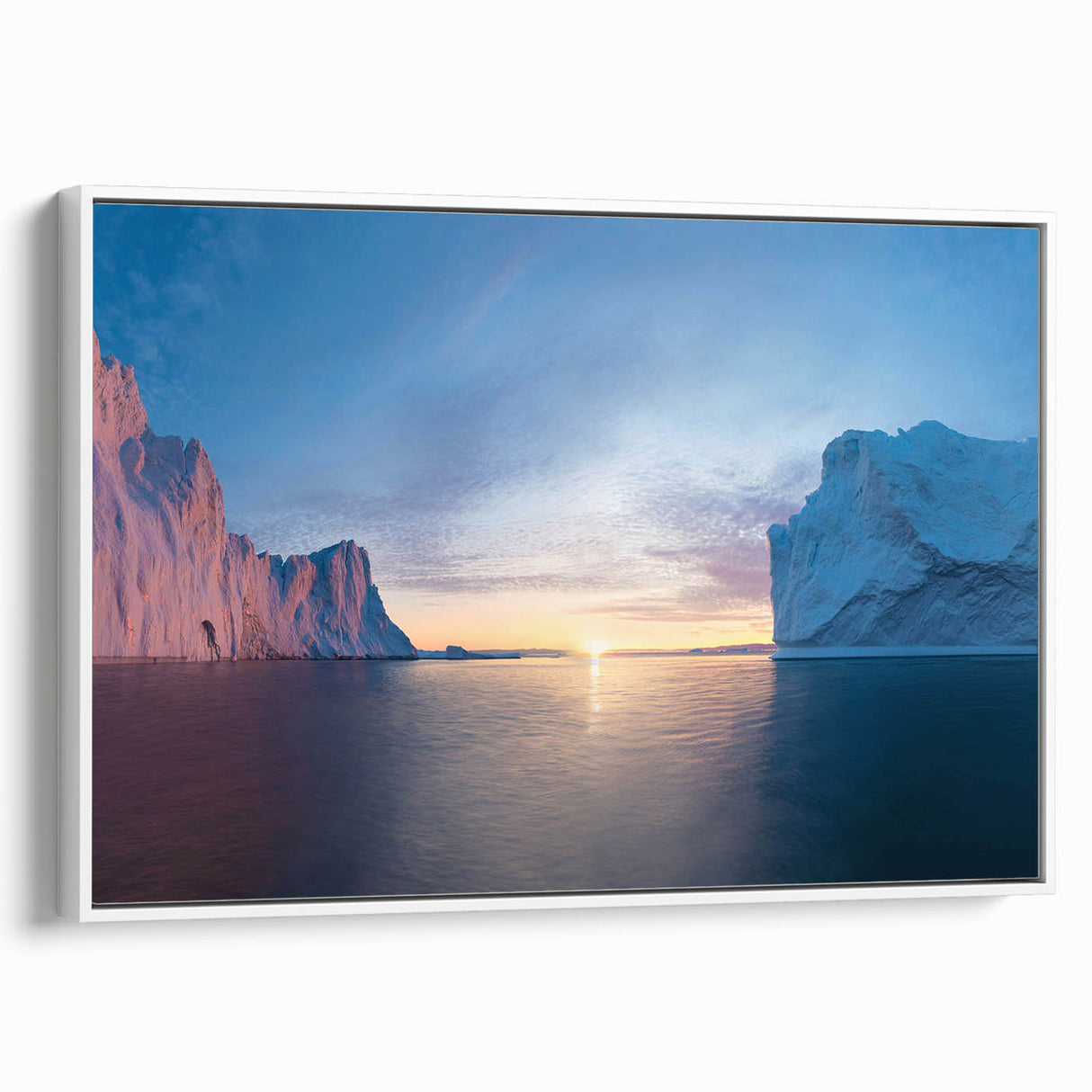 Vintage poster art featuring a Greenland landscape on framed canvas, with muted green and white tones.