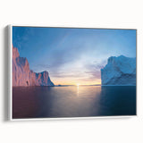 Vintage poster art featuring a Greenland landscape on framed canvas, with muted green and white tones.