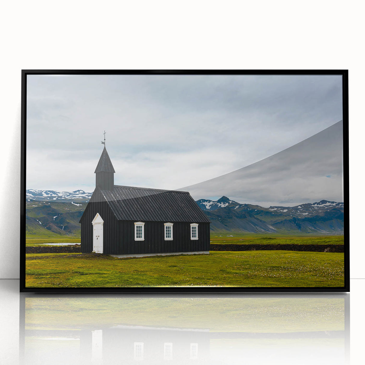 Large abstract wall art depicting a serene Icelandic landscape in muted earth tones, framed in black acrylic.
