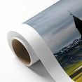 Art Deco poster of Iceland scenery in muted blue and green tones on rolled canvas, suitable as nursery wall art.