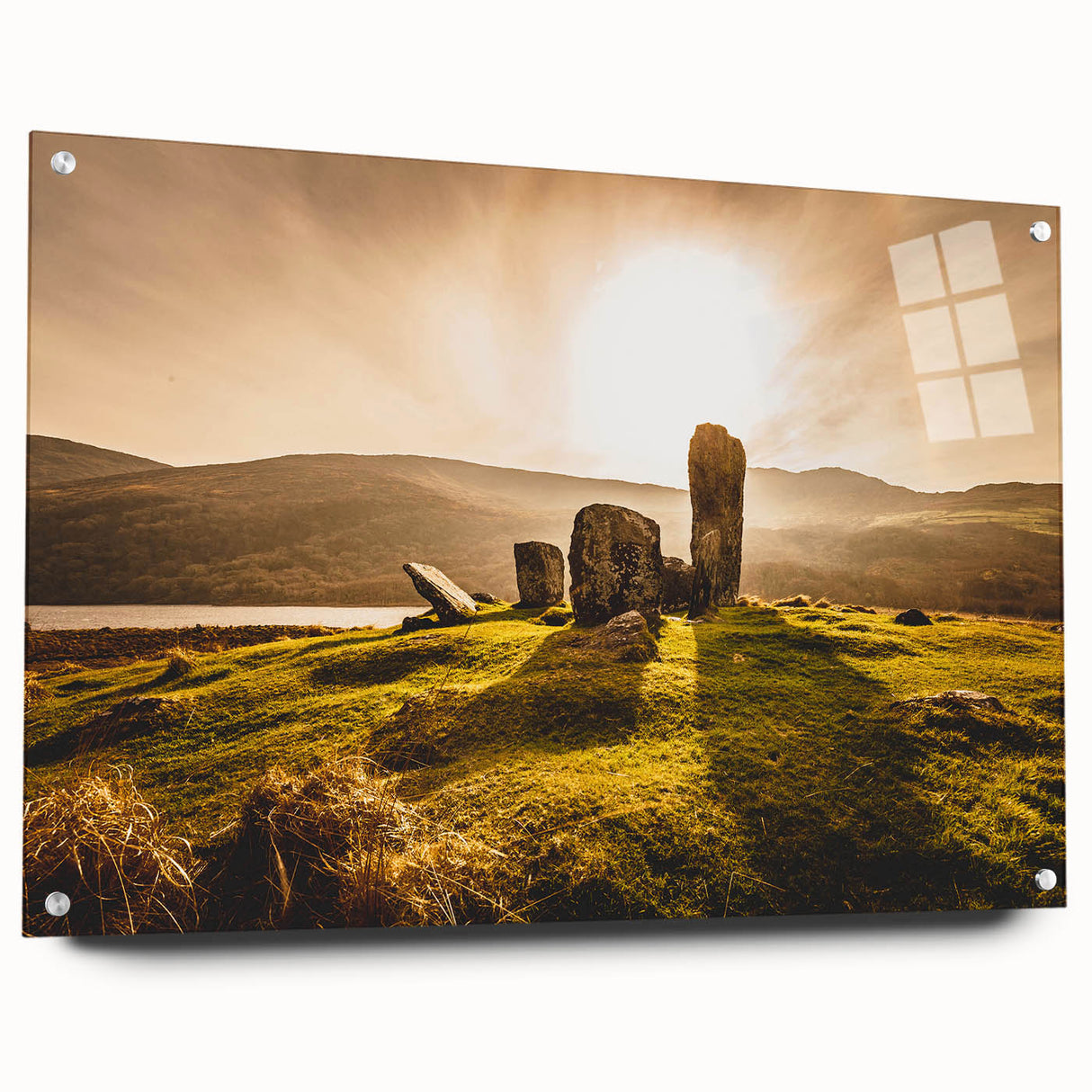 Acrylic print of a serene Irish landscape in muted green and blue tones, ideal for bedroom or dining room decor.
