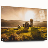 Acrylic print of a serene Irish landscape in muted green and blue tones, ideal for bedroom or dining room decor.