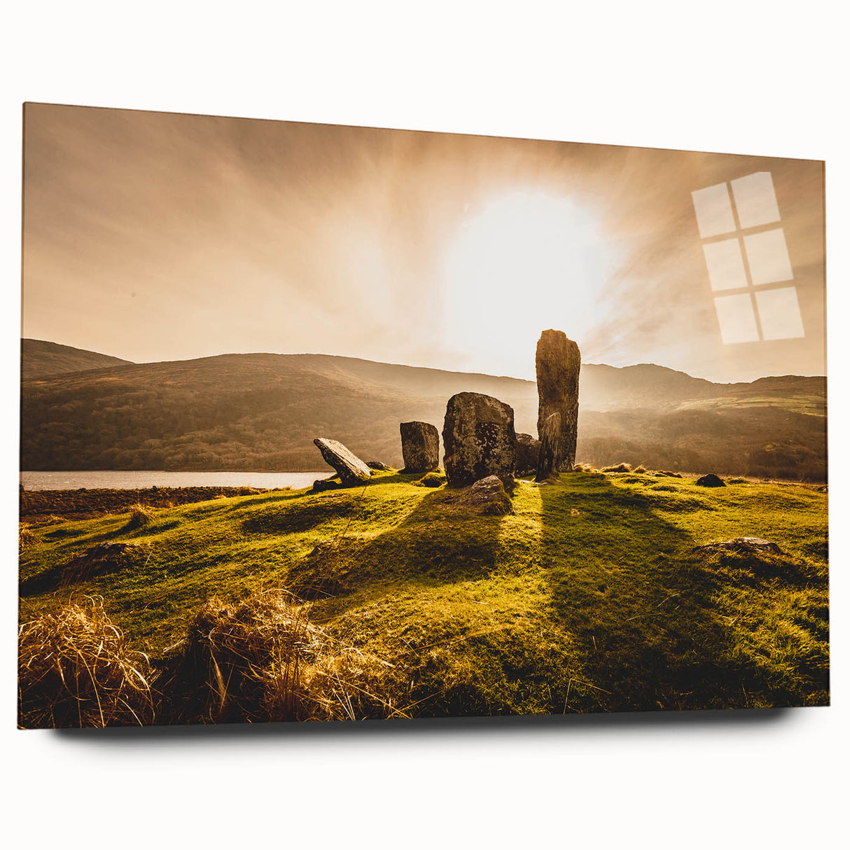 Acrylic print of a serene Irish landscape in muted green and blue tones, ideal for bedroom or dining room decor.