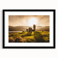 Extra large abstract art print of a colorful, textured Irish landscape, framed in black, ideal for living room decor.