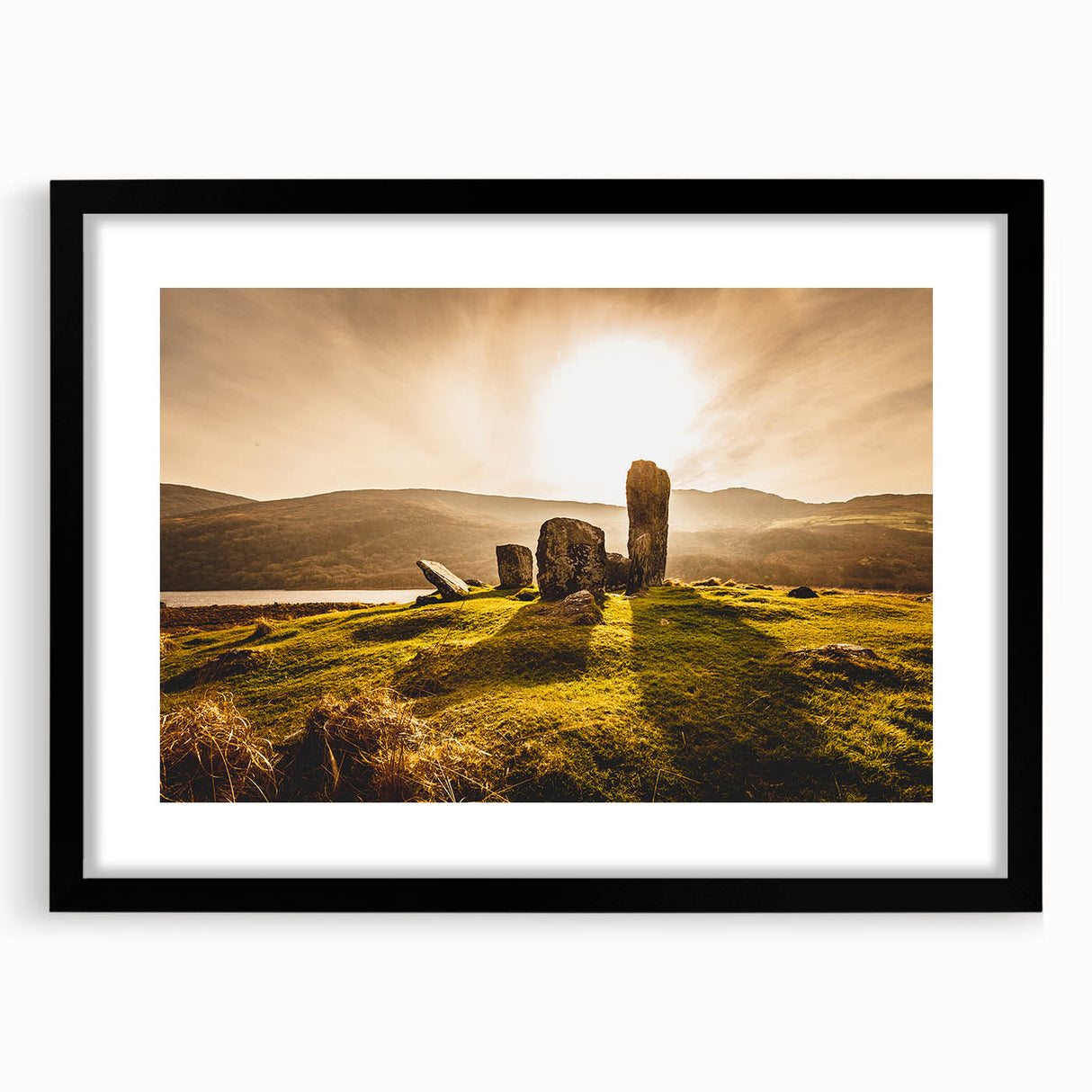 Extra large abstract art print of a colorful, textured Irish landscape, framed in black, ideal for living room decor.