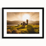 Extra large abstract art print of a colorful, textured Irish landscape, framed in black, ideal for living room decor.