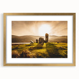 Abstract art print of a muted green and blue Irish landscape, framed in gold, suitable for dining room decor.