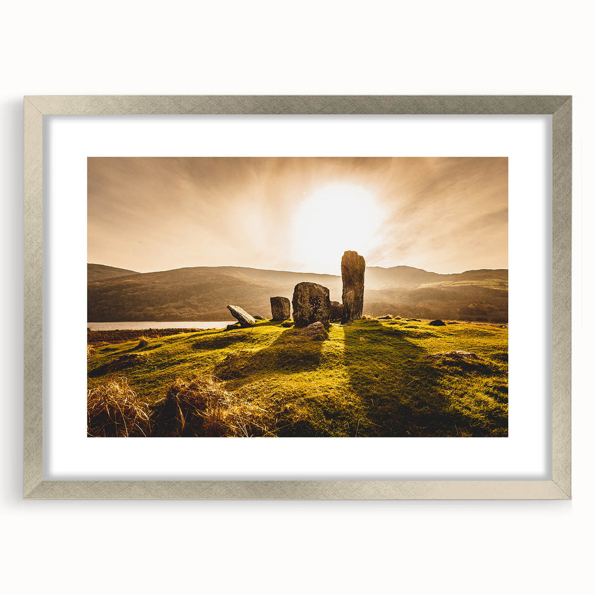 Extra large wall art depicting an abstract, textured depiction of an Irish scenery in silver frame.