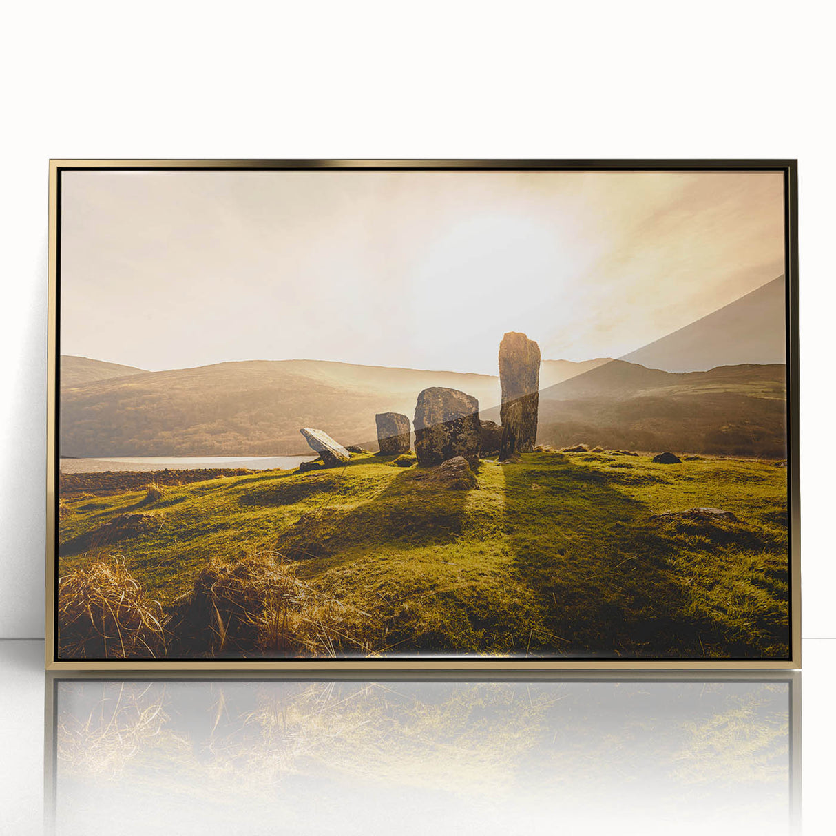 Acrylic print of a serene Irish landscape in soft green and blue tones, framed in gold, suitable for modern art wall decor.