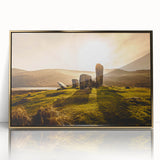 Acrylic print of a serene Irish landscape in soft green and blue tones, framed in gold, suitable for modern art wall decor.