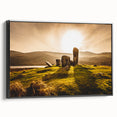Black and white framed canvas featuring a vintage landscape painting of an Irish scenery, ideal for bedroom wall decor.