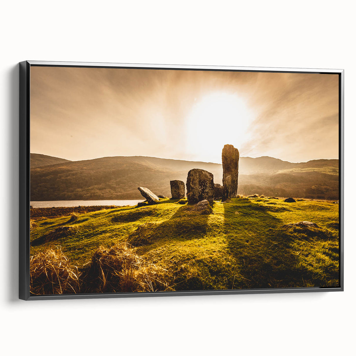 Black and white framed canvas featuring a vintage landscape painting of an Irish scenery, ideal for bedroom wall decor.
