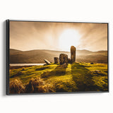 Black and white framed canvas featuring a vintage landscape painting of an Irish scenery, ideal for bedroom wall decor.